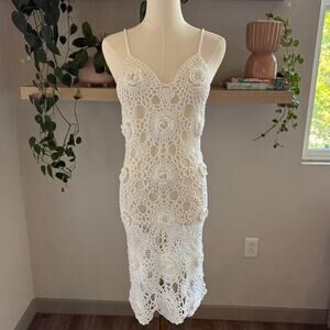 White Crochet Flower Midi Dress Open Knit Boho Beach Cover Up Small Y2K Beach